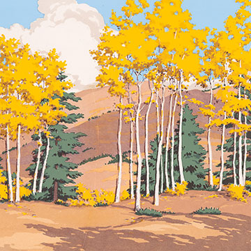 painting of yellow-leafed aspens and spruce trees on a bright day